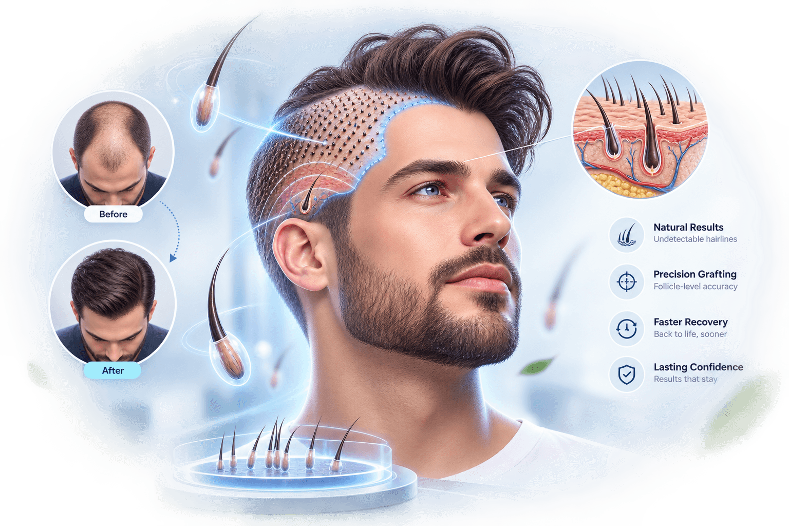 Hair restoration visualisation — natural hairline, precision grafting and before/after results