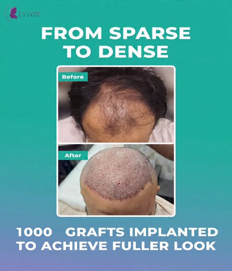 Hair transplant patient after 4000+ grafts implanted to restore thinning areas at Ever Young Clinic
